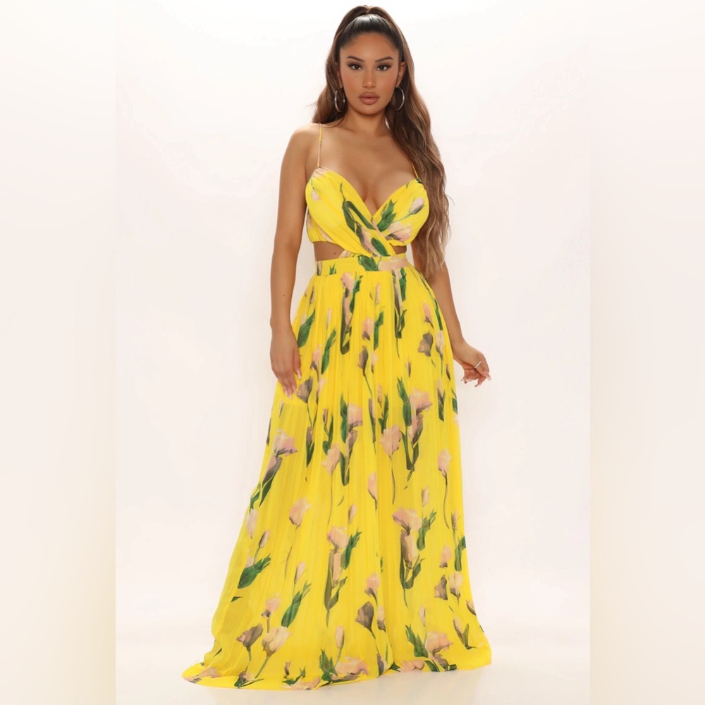 Fashion Nova Yellow Floral Maxi Dress